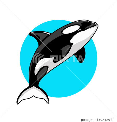 Playful orca illustration jumping over blue circle background. cartoon killer whale logo art 139248911