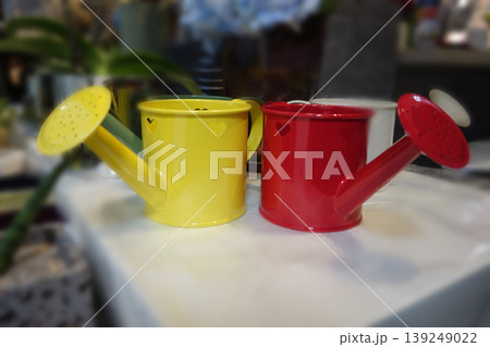Colorful Heart Watering Cans on Shelf Colorful Heart Watering Cans on Shelf 139249022