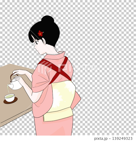 たすき掛けの着物女性　お茶を入れる　後ろ姿　バストアップ　和風 139249323