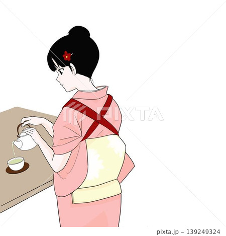 たすき掛けの着物女性　お茶を入れる　後ろ姿　バストアップ　和風 139249324