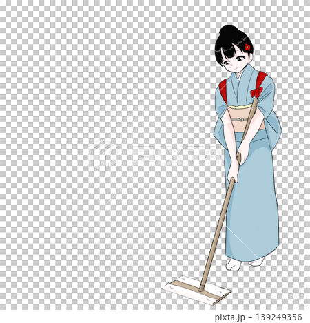 Woman in a kimono with a sash tied across her body; floor wiper; cleaning; housework; Japanese style 139249356