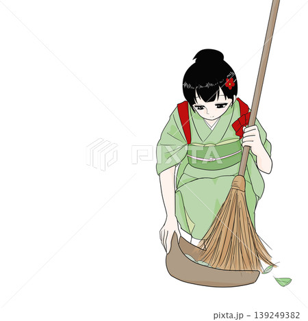たすき掛けの着物女性　ちりとり　掃除　家事　和風 139249382