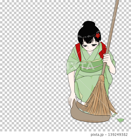 一位身穿和服、肩上繫著腰帶的女子，手持簸箕，正在打掃、做家務，日式風格。 139249382