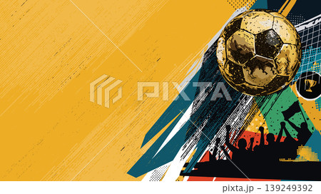Soccer tournament with golden ball promotion background collage style have blank space. Soccer tournament with golden ball promotion background collage style have blank space. 139249392