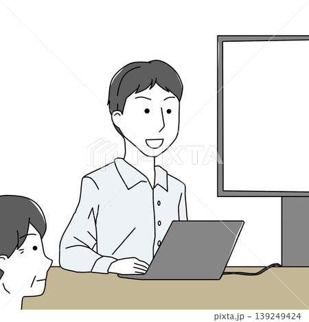 プレゼンをする男性のイラスト・会議・研修・説明会・コピースペース 139249424