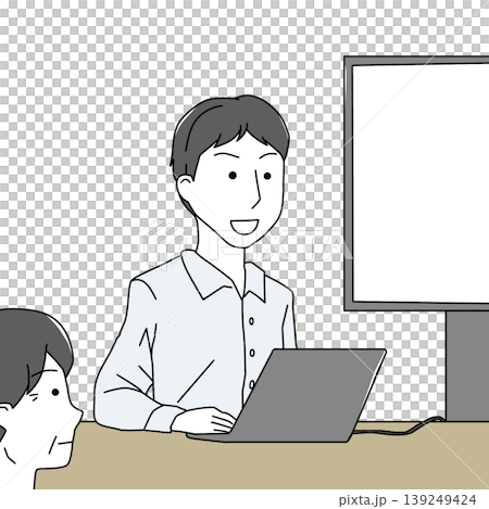 プレゼンをする男性のイラスト・会議・研修・説明会・コピースペース 139249424