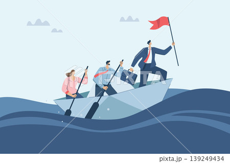 Discovering new business opportunities and investments, Vision and goal setting, Business team is rowing a boat with the leader holding a flag in paper boat and looking forward, Vector illustration. Discovering new business opportunities and investments, Vision and goal setting, Business team is rowing a boat with the leader holding a flag in paper boat and looking forward, Vector illustration. 139249434