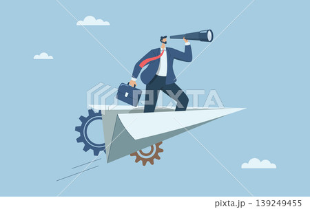 Business leaders search for business opportunities, Look ahead, Forecast future investments or discover new ideas, Businessman with binoculars on paper airplane in the sky. Vector design illustration 139249455