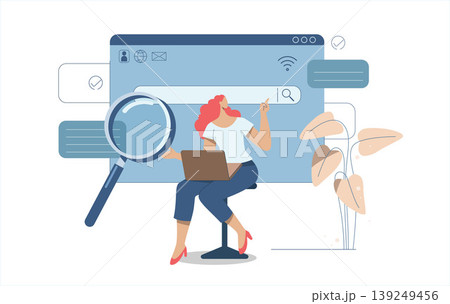 Search engine optimization, SEO. Internet marketing concepts, Analyze website page statistics, Women searching online with magnifying glass in web browser bar. Vector design illustration. Search engine optimization, SEO. Internet marketing concepts, Analyze website page statistics, Women searching online with magnifying glass in web browser bar. Vector design illustration. 139249456