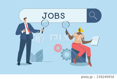 Finding new business opportunities or looking for a new job, Employment or job search, Job vacancy concept, Male and female employees use a magnifying glass to search for jobs on the search bar. Finding new business opportunities or looking for a new job, Employment or job search, Job vacancy concept, Male and female employees use a magnifying glass to search for jobs on the search bar. 139249458
