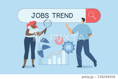Finding job trends, Search new business opportunities or looking for a new job, Employment or job search, Male and female employees use a magnifying glass to search for jobs on the search bar. 139249459