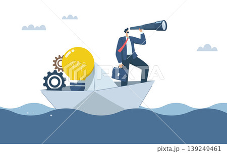 Business leaders search for investment opportunities, Vision to overcome obstacles, Predicting or discovering new ideas, Businessman with binoculars on paper boat carrying light bulbs in the sea. Business leaders search for investment opportunities, Vision to overcome obstacles, Predicting or discovering new ideas, Businessman with binoculars on paper boat carrying light bulbs in the sea. 139249461