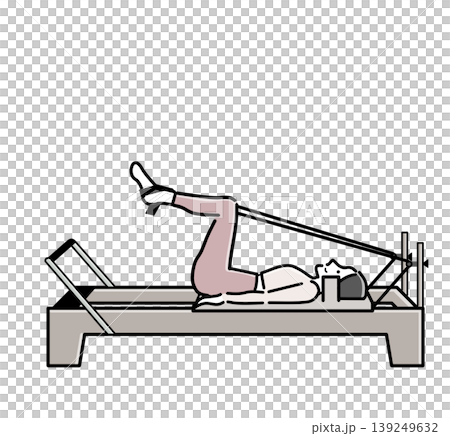 Bob's woman performing a tabletop pose in machine Pilates. Bob's woman performing a tabletop pose in machine Pilates. 139249632