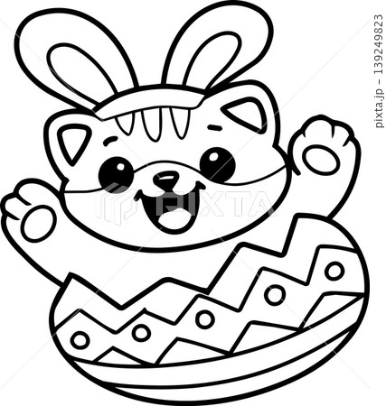 Cute bunny cat Easter egg cartoon happy outline black and white playful festive Cute bunny cat Easter egg cartoon happy outline black and white playful festive 139249823