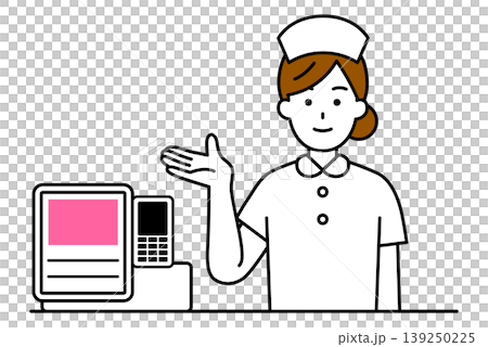 A female nurse handling payments at the reception desk. A female nurse handling payments at the reception desk. 139250225