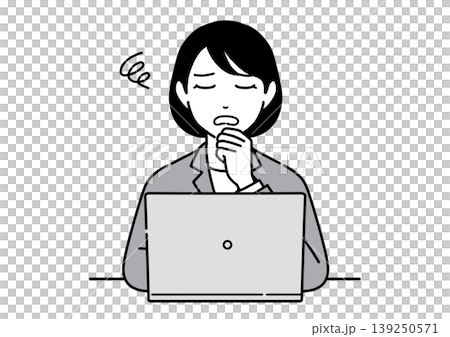A young woman in a suit sits in front of her computer, hand on chin, deep in thought. (Office worker) A young woman in a suit sits in front of her computer, hand on chin, deep in thought. (Office worker) 139250571