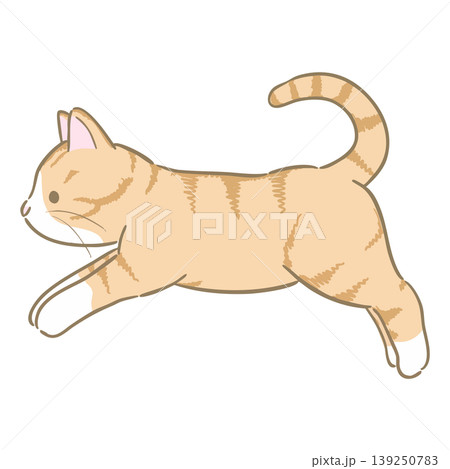 シンプルで可愛い茶トラ白の猫がジャンプしているカットイラスト シンプルで可愛い茶トラ白の猫がジャンプしているカットイラスト 139250783