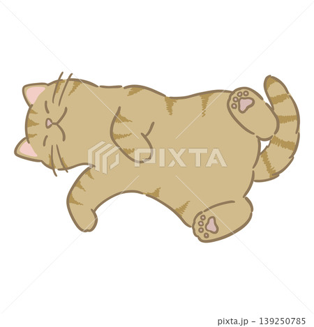 シンプルなキジトラ猫が気持ちよさそうに寝転んでいるカットイラスト シンプルなキジトラ猫が気持ちよさそうに寝転んでいるカットイラスト 139250785