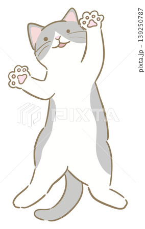 シンプルで可愛い灰白のハチワレ猫が上に手を上げながらジャンプしているカットイラスト シンプルで可愛い灰白のハチワレ猫が上に手を上げながらジャンプしているカットイラスト 139250787