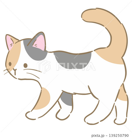 シンプルで可愛い三毛猫が右から左に向かって歩いているカットイラスト シンプルで可愛い三毛猫が右から左に向かって歩いているカットイラスト 139250790