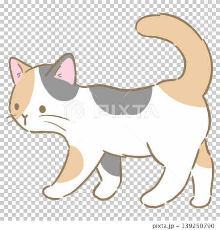 シンプルで可愛い三毛猫が右から左に向かって歩いているカットイラスト シンプルで可愛い三毛猫が右から左に向かって歩いているカットイラスト 139250790