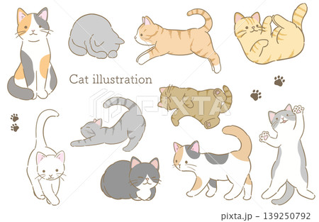 シンプルで可愛い色々な模様、色の猫たちのカットイラストセット、挿絵に使えるカットイラスト 139250792