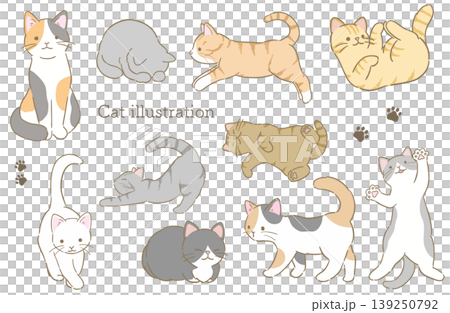 シンプルで可愛い色々な模様、色の猫たちのカットイラストセット、挿絵に使えるカットイラスト 139250792