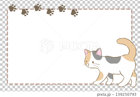歩いている三毛猫と肉球のシンプル四角フレーム 139250793