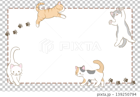 様々な模様、色の猫たちが周りを囲った可愛い四角フレーム 様々な模様、色の猫たちが周りを囲った可愛い四角フレーム 139250794