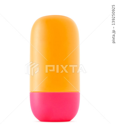 Orange and pink plastic roll on deodorant bottle isolated on white background for body care packaging mockup 139250925