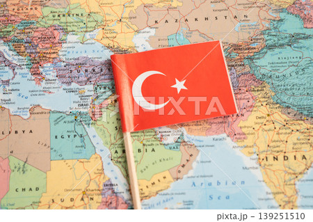 Bangkok, Thailand December 7, 2023, Turkdy flag on world map. 139251510