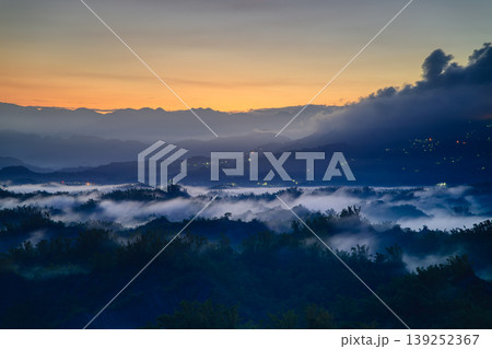 Sunrise over the misty mountains of Zuozhen, Tainan, Taiwan 139252367