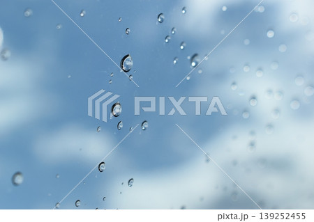 water drop on mirror with blue sky and white cloud background 139252455