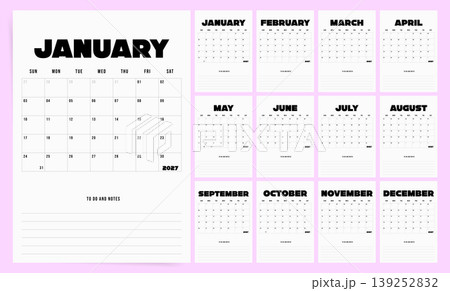 Monthly calendar template for 2027 year. To do and notes vertical planner for 2027 year. Week Starts on Sunday. Calendar Set for 2027 year. 139252832