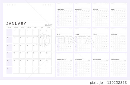 Monthly calendar template for 2027 year. Soft purple planner for 2027 year. Week Starts on Sunday. Calendar Set for 2027 year. Monthly calendar template for 2027 year. Soft purple planner for 2027 year. Week Starts on Sunday. Calendar Set for 2027 year. 139252838
