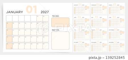 Monthly planner calendar template for 2027 year. Beige to do and notes planner for 2027 year. Wall calendar set for 2027 year with Sunday start and task sections. Monthly planner calendar template for 2027 year. Beige to do and notes planner for 2027 year. Wall calendar set for 2027 year with Sunday start and task sections. 139252845