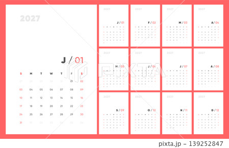 Monthly calendar template for 2027 year. Coral red modern minimalist planner for 2027 year. Wall calendar set for 2027 year with letter initials and Sunday start. Monthly calendar template for 2027 year. Coral red modern minimalist planner for 2027 year. Wall calendar set for 2027 year with letter initials and Sunday start. 139252847
