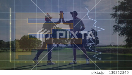 High-fiving golfing partners in polos standing on golf green with yellow bars and falling graph High-fiving golfing partners in polos standing on golf green with yellow bars and falling graph 139252849