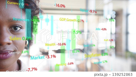 Studying businesswoman reviewing colorful financial overlay in open-plan office, copy space Studying businesswoman reviewing colorful financial overlay in open-plan office, copy space 139252863