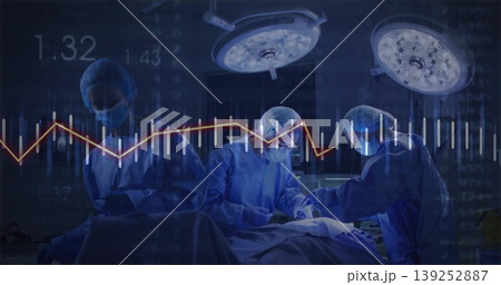 Three surgeons operating on patient in OR, with LED lights, instruments and vital signs overlay Three surgeons operating on patient in OR, with LED lights, instruments and vital signs overlay 139252887