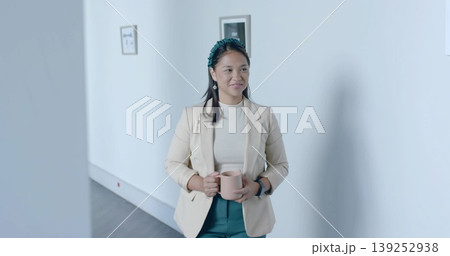 Holding mug and gazing right, woman wearing blazer and smartwatch in hallway with framed artworks Holding mug and gazing right, woman wearing blazer and smartwatch in hallway with framed artworks 139252938