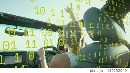 Driving woman in sleeveless top raising arm on sunny road, with red convertible and binary overlay Driving woman in sleeveless top raising arm on sunny road, with red convertible and binary overlay 139252940