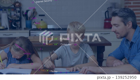 Working father and children writing in notebooks at wooden kitchen table, with floating HTML code 139252950