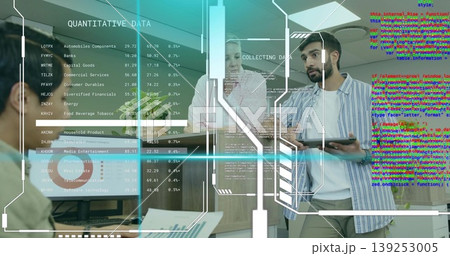 Project lead and data analyst leaning on desk in conference room, with tablet and digital overlays Project lead and data analyst leaning on desk in conference room, with tablet and digital overlays 139253005