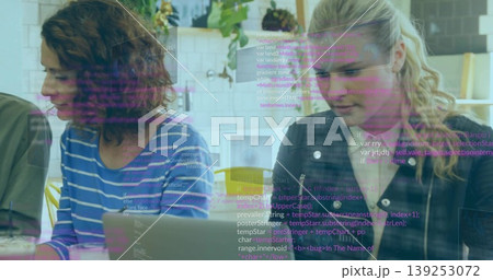 Collaborating developers typing code on laptops in office lounge, with coffee mug and code overlay Collaborating developers typing code on laptops in office lounge, with coffee mug and code overlay 139253072