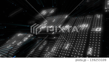 Glowing digital panels hovering in cyberspace, with binary dot-matrix digits and light-blue streaks 139253109