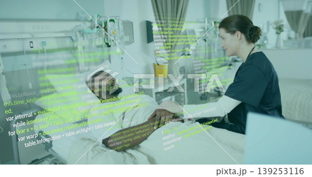 Holding nurse talking with patient in hospital ward, with IV drip stand and code overlay Holding nurse talking with patient in hospital ward, with IV drip stand and code overlay 139253116
