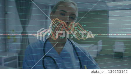 Doctor in light blue scrubs with stethoscope analyzing graphs on digital display in hospital room Doctor in light blue scrubs with stethoscope analyzing graphs on digital display in hospital room 139253142