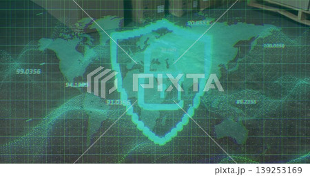 Showing green shield with padlock symbol on cyber interface displaying world map grid, data points Showing green shield with padlock symbol on cyber interface displaying world map grid, data points 139253169