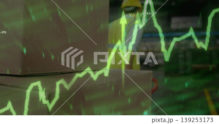 Displaying cardboard boxes left, with worker moving pallet jack under green line chart, copy space 139253173